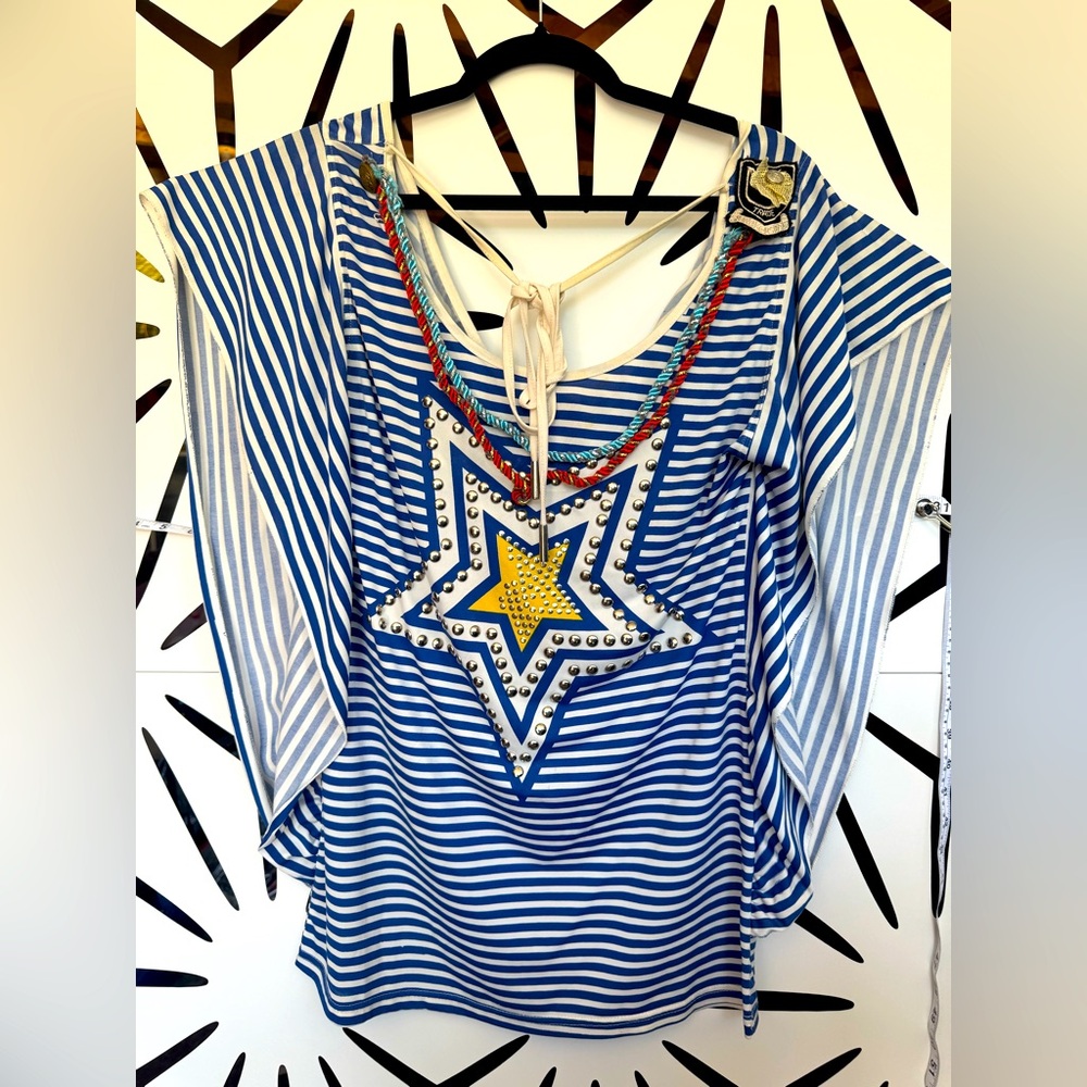 Lm Lulu Blue and White Striped Star Top